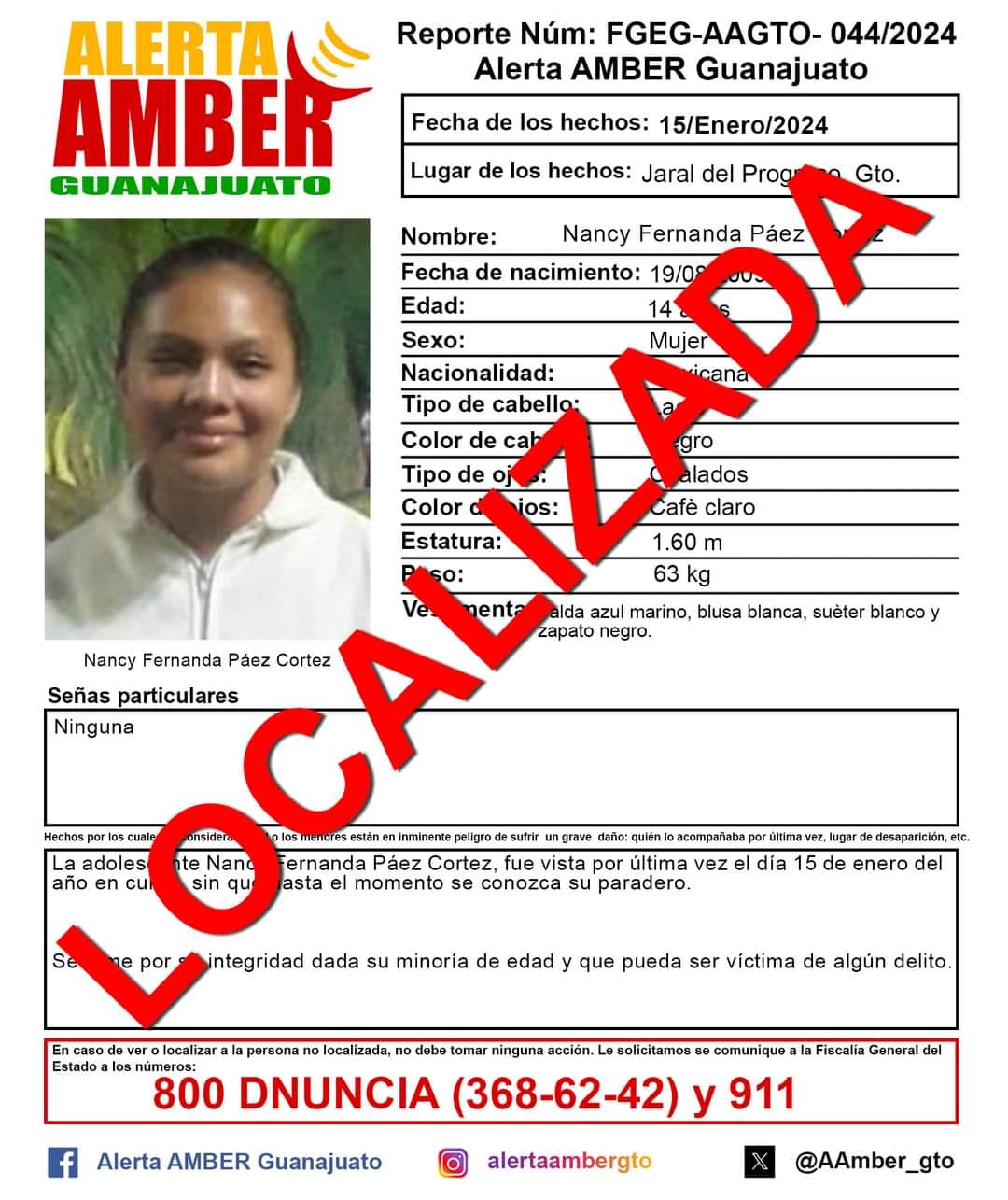 Reporte Num FGEG-AAGTO- 044 2024 Alerta Amber Guanajuato Nancy Fernanda Paez Cortez