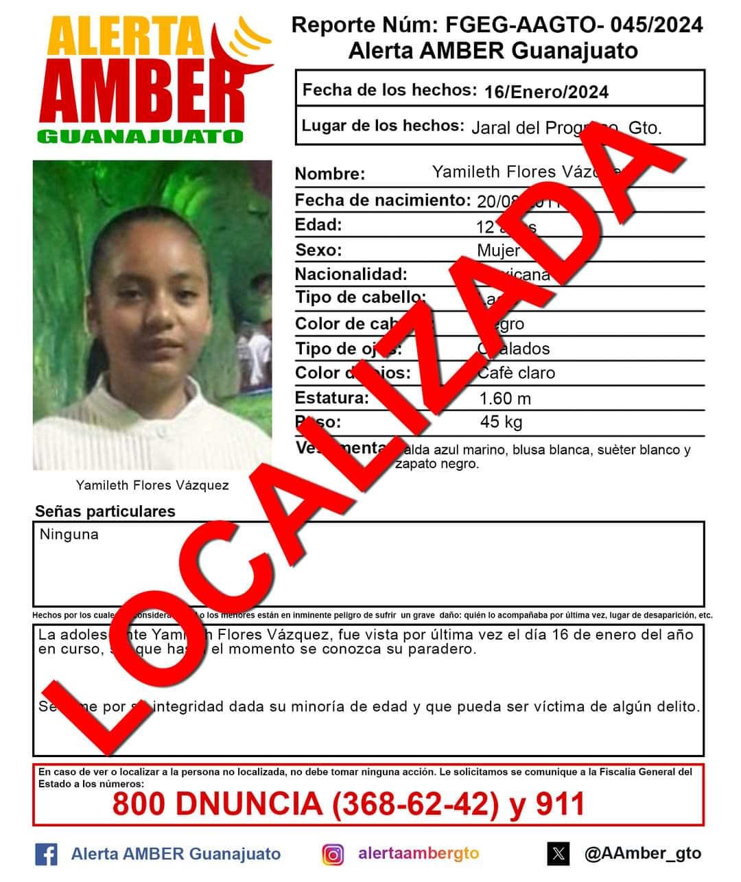 Reporte Num FGEG-AAGTO- 045 2024 Alerta Amber Guanajuato Yamileth Flores Vazquez
